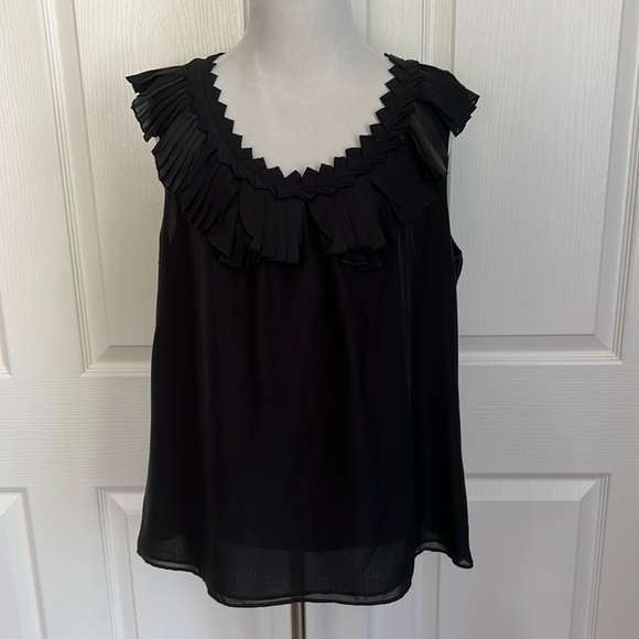 NWT Ann Taylor Pleated Collar Silk Black Blouse Top Womens Sz 14 - Picture 1 of 16